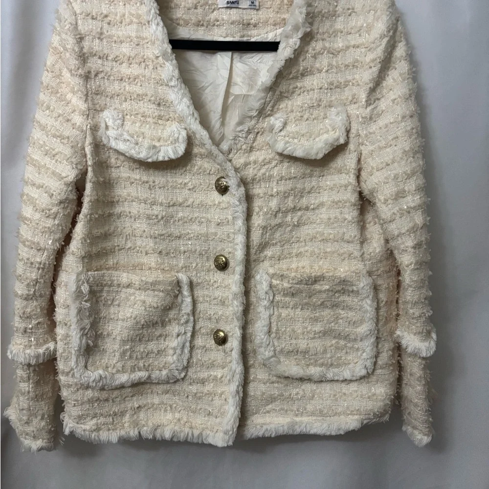 SANFU Cream Textured Blazer with Gold Accents